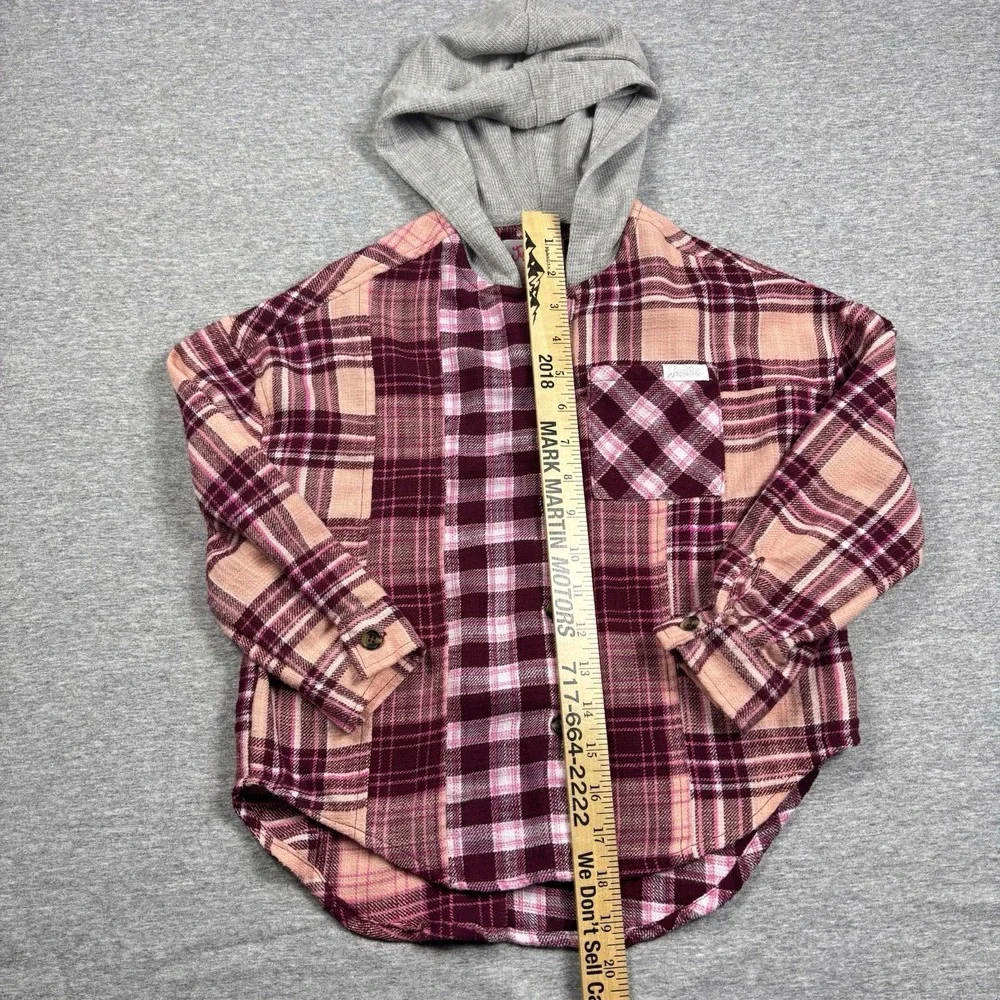 Justice Girls Long Sleeve Pink & Maroon Plaid Flannel Shirt W/Hood Size XS (5/6)